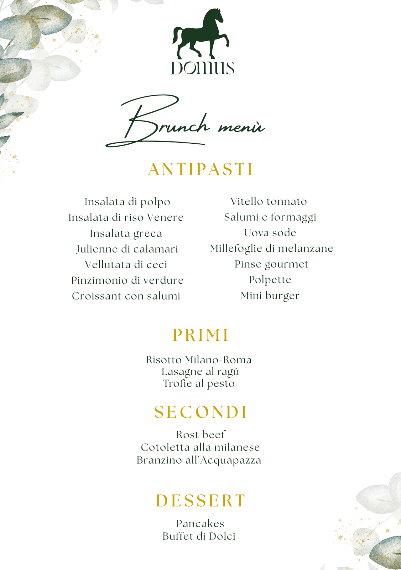 Menù brunch del Domus Garden Club